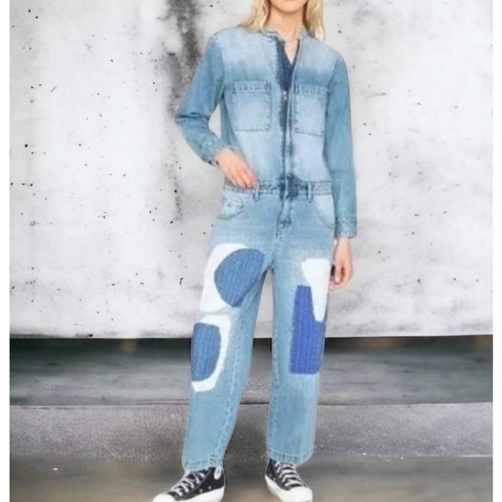 Free People Sandrine Rose small NWT‎ denim distressed unique patchwork jumpsuit